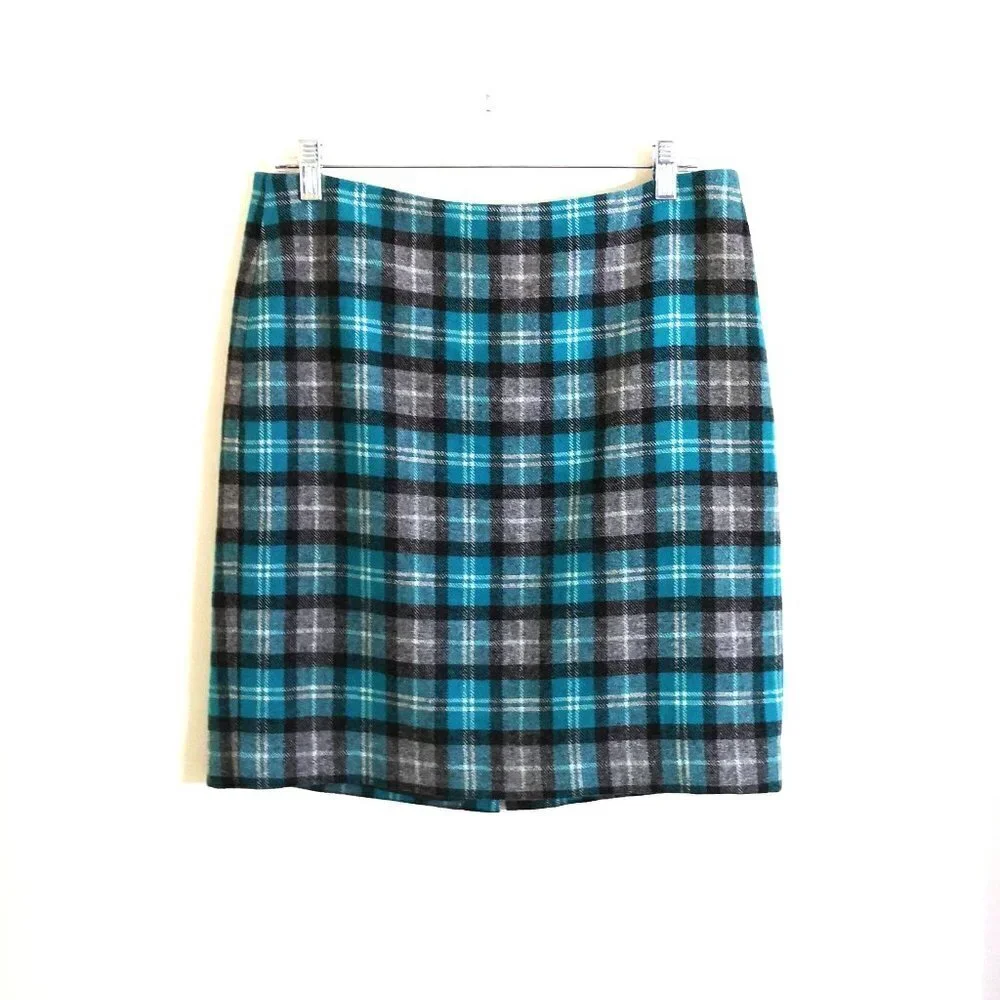 Talbots Plaid Wool Skirt Teal Blue/Grey‎ Size 10P